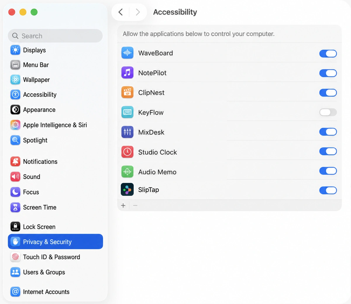 System Settings, Privacy & Security → Accessibility, with SlipTap switched on in the list