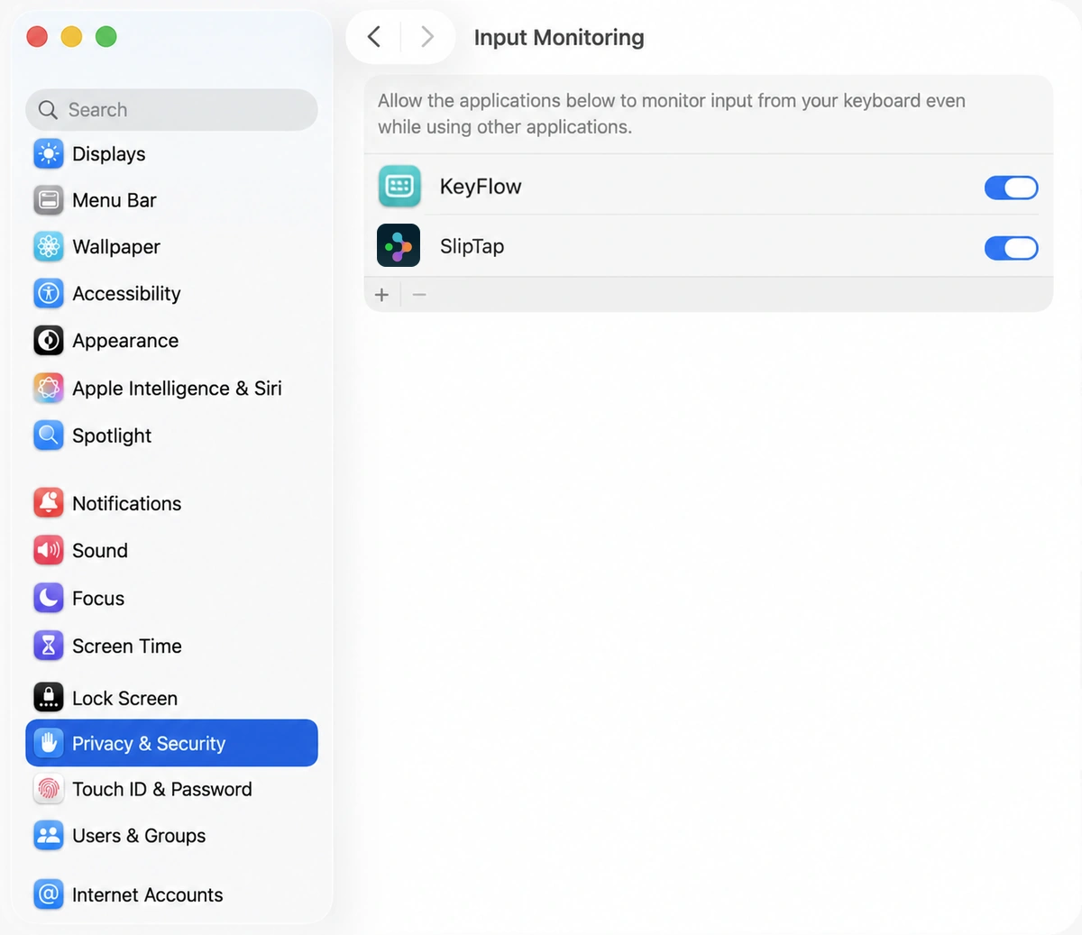 System Settings, Privacy & Security → Input Monitoring, with SlipTap switched on in the list